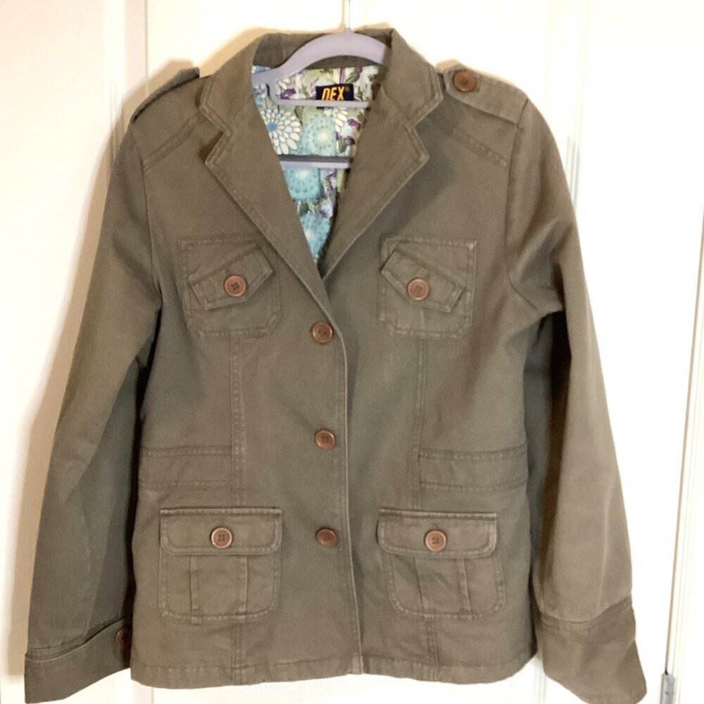 Dex Women's Army Style Jacket Size M Pockets Floral Lining Embroidery Detail
